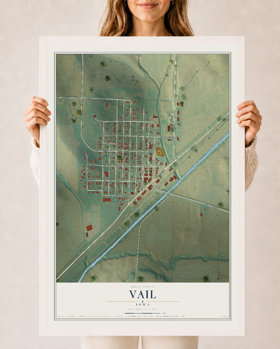 Map of Vail, Iowa, 24 x 36 inch print in a white wood frame