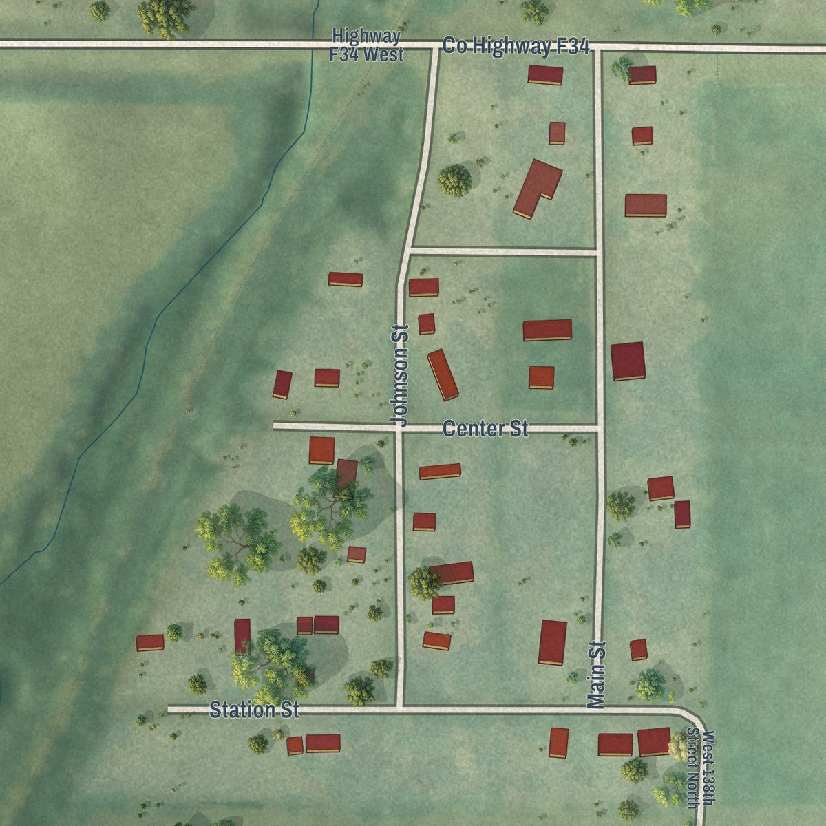 Close-up of the map of Valeria, Iowa print showing street and building detail