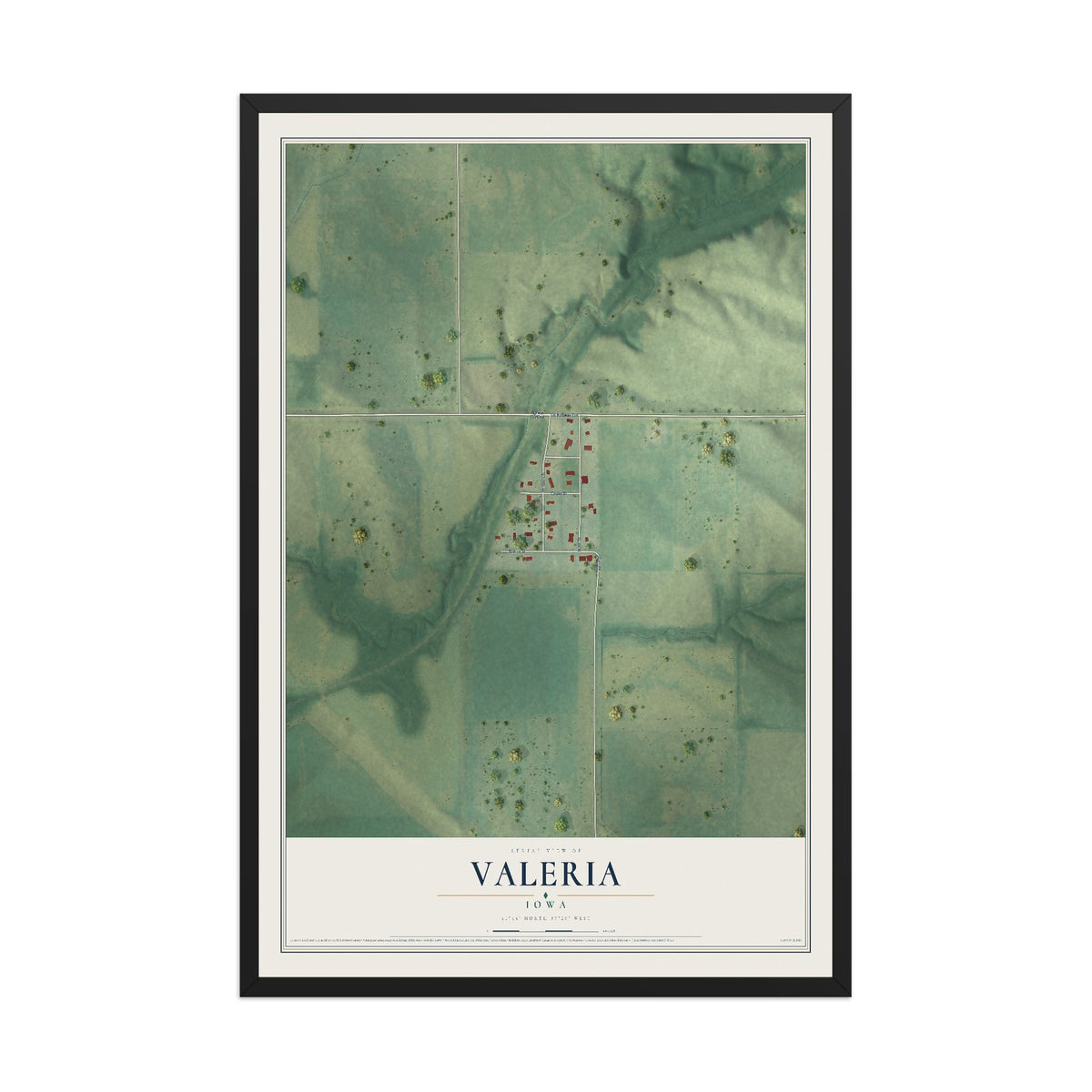 Map of Valeria, Iowa, 12 x 18 inch print in a black wood frame