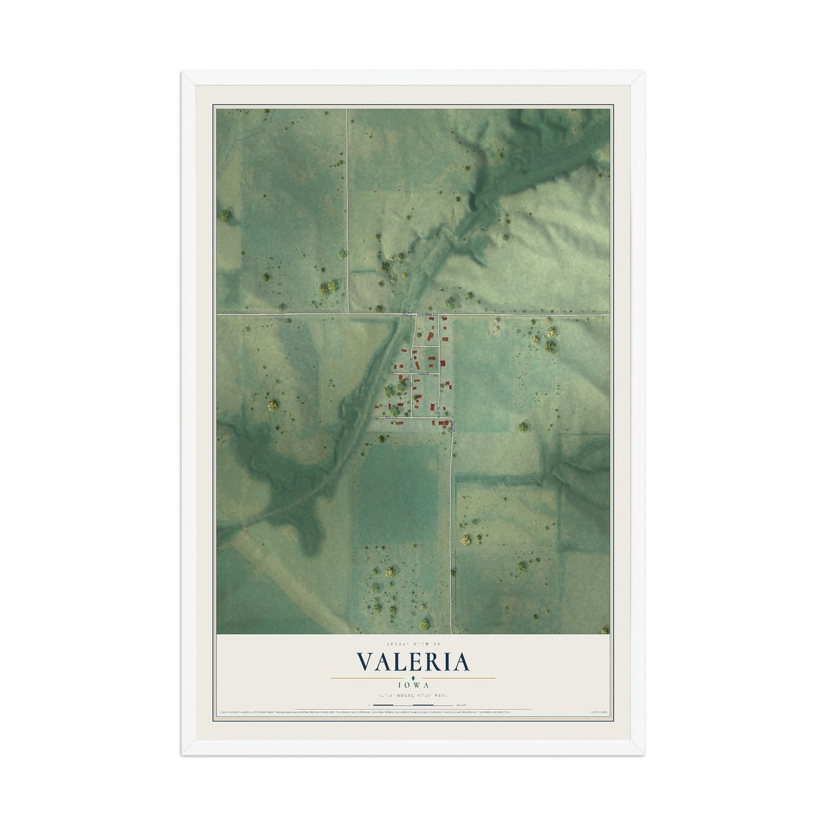 Map of Valeria, Iowa, 12 x 18 inch print in a white wood frame