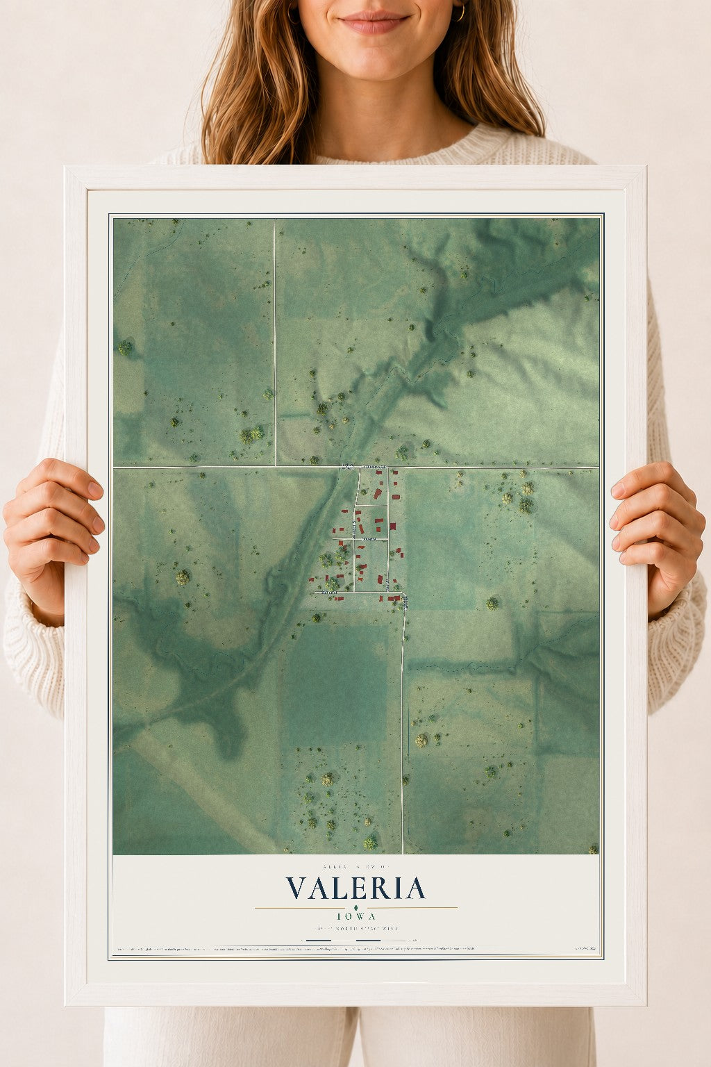 Map of Valeria, Iowa, 18 x 24 inch print in a white wood frame