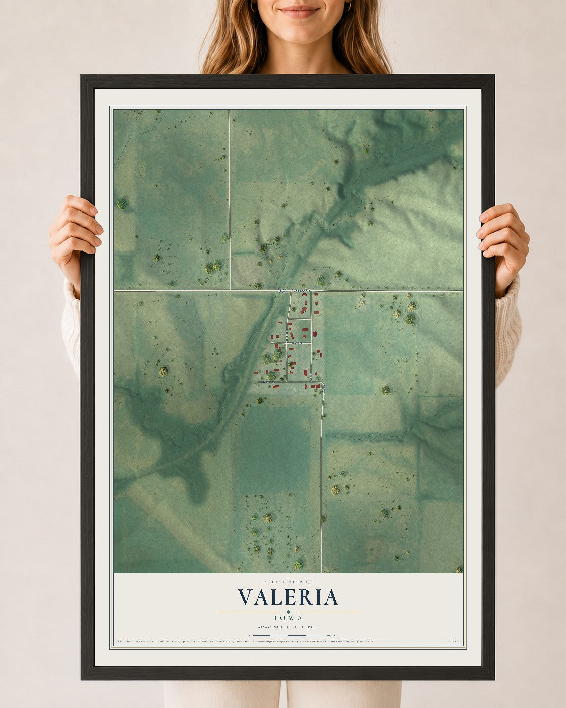 Map of Valeria, Iowa, 24 x 36 inch print in a black wood frame