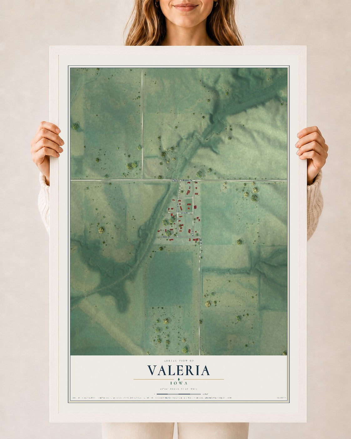 Map of Valeria, Iowa, 24 x 36 inch print in a white wood frame