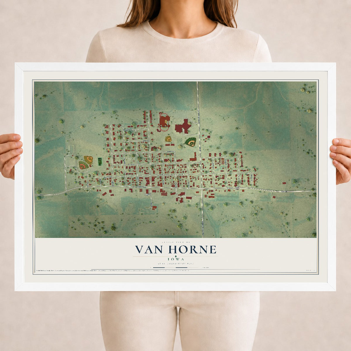Map of Van Horne, Iowa, 18 x 24 inch print in a white wood frame