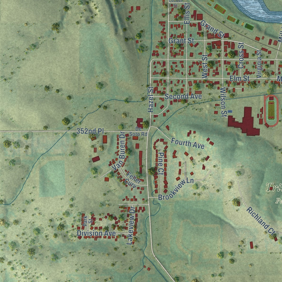 Close-up of the map of Van Meter, Iowa print showing street and building detail