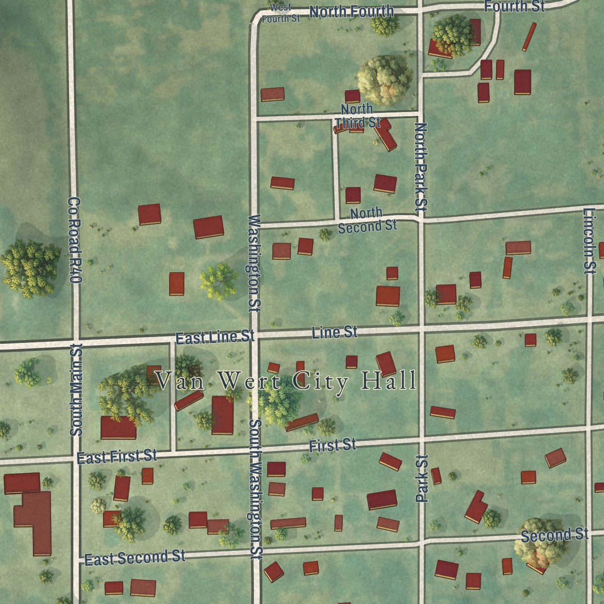 Close-up of the map of Van Wert, Iowa print showing street and building detail