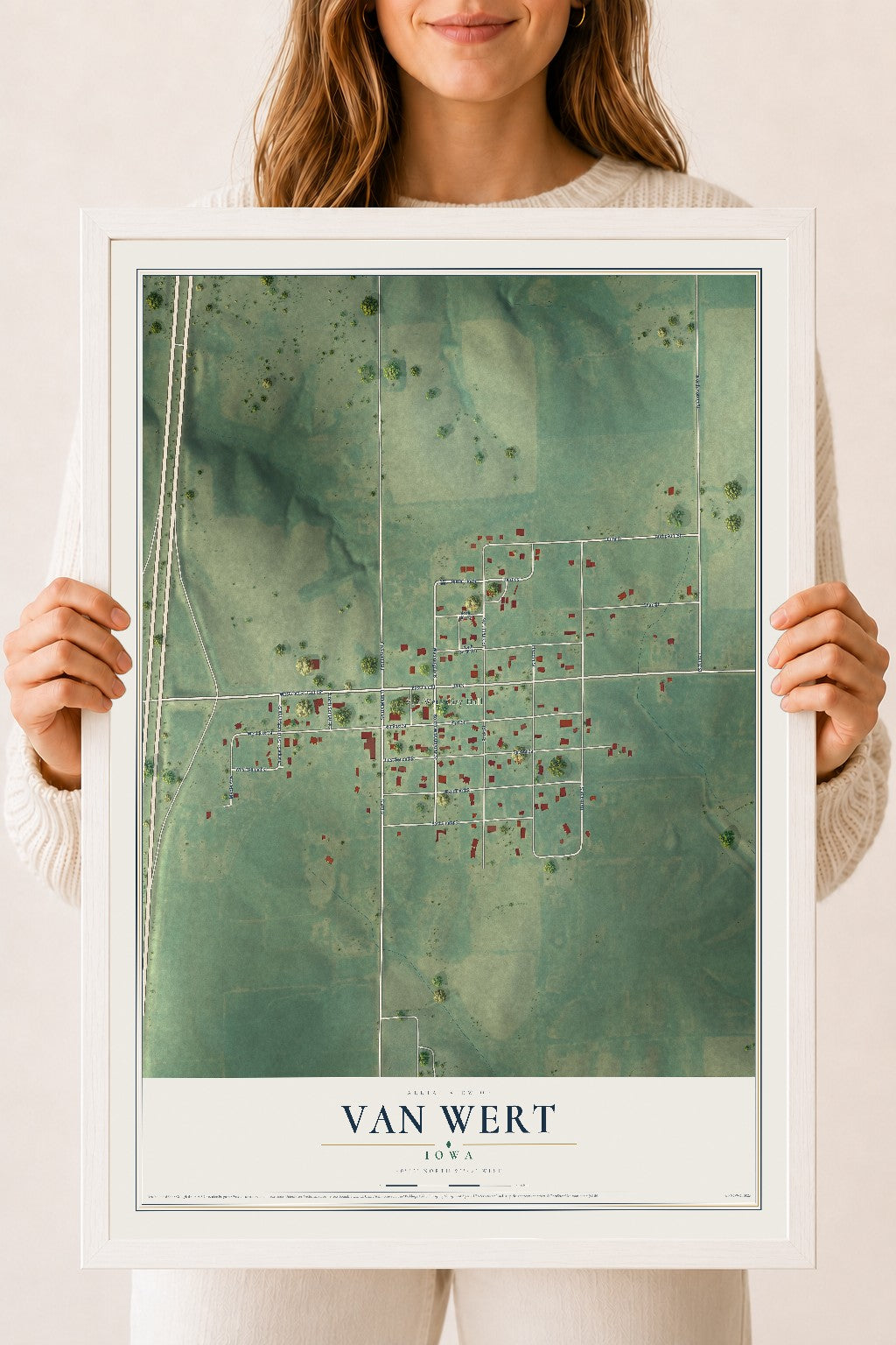 Map of Van Wert, Iowa, 18 x 24 inch print in a white wood frame