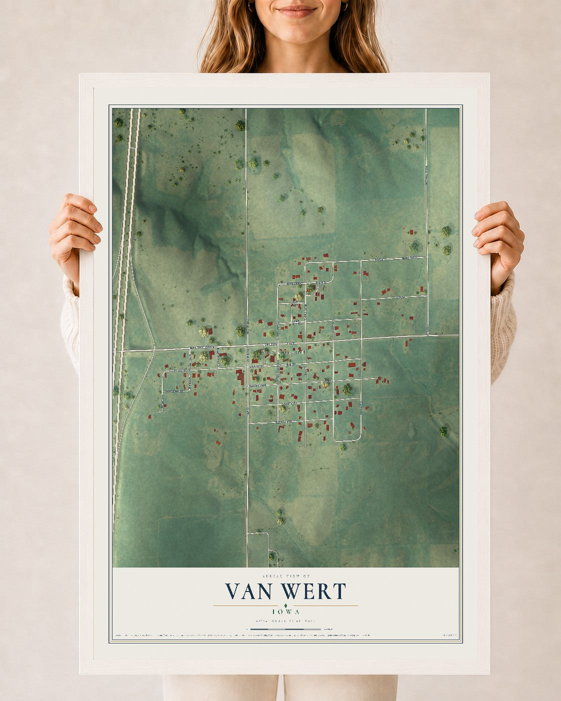 Map of Van Wert, Iowa, 24 x 36 inch print in a white wood frame