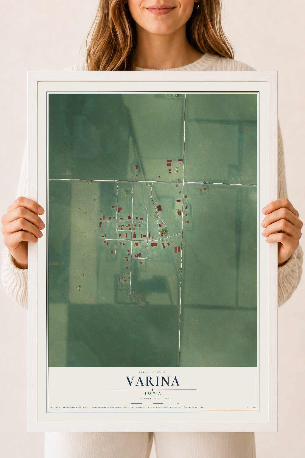 Map of Varina, Iowa, 18 x 24 inch print in a white wood frame