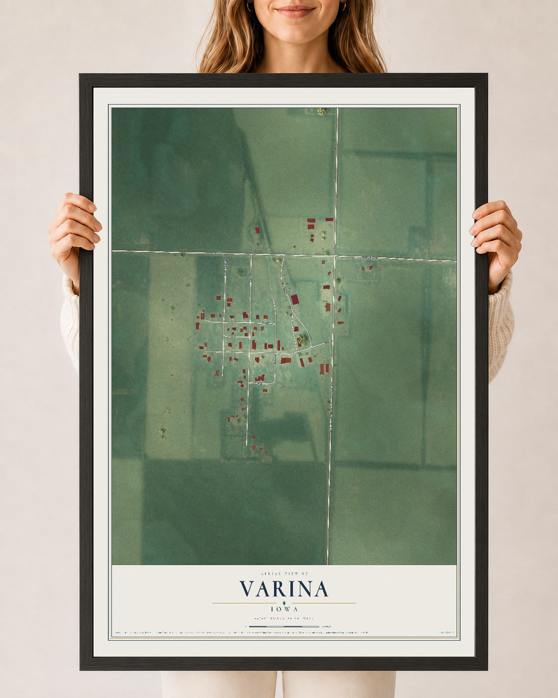 Map of Varina, Iowa, 24 x 36 inch print in a black wood frame