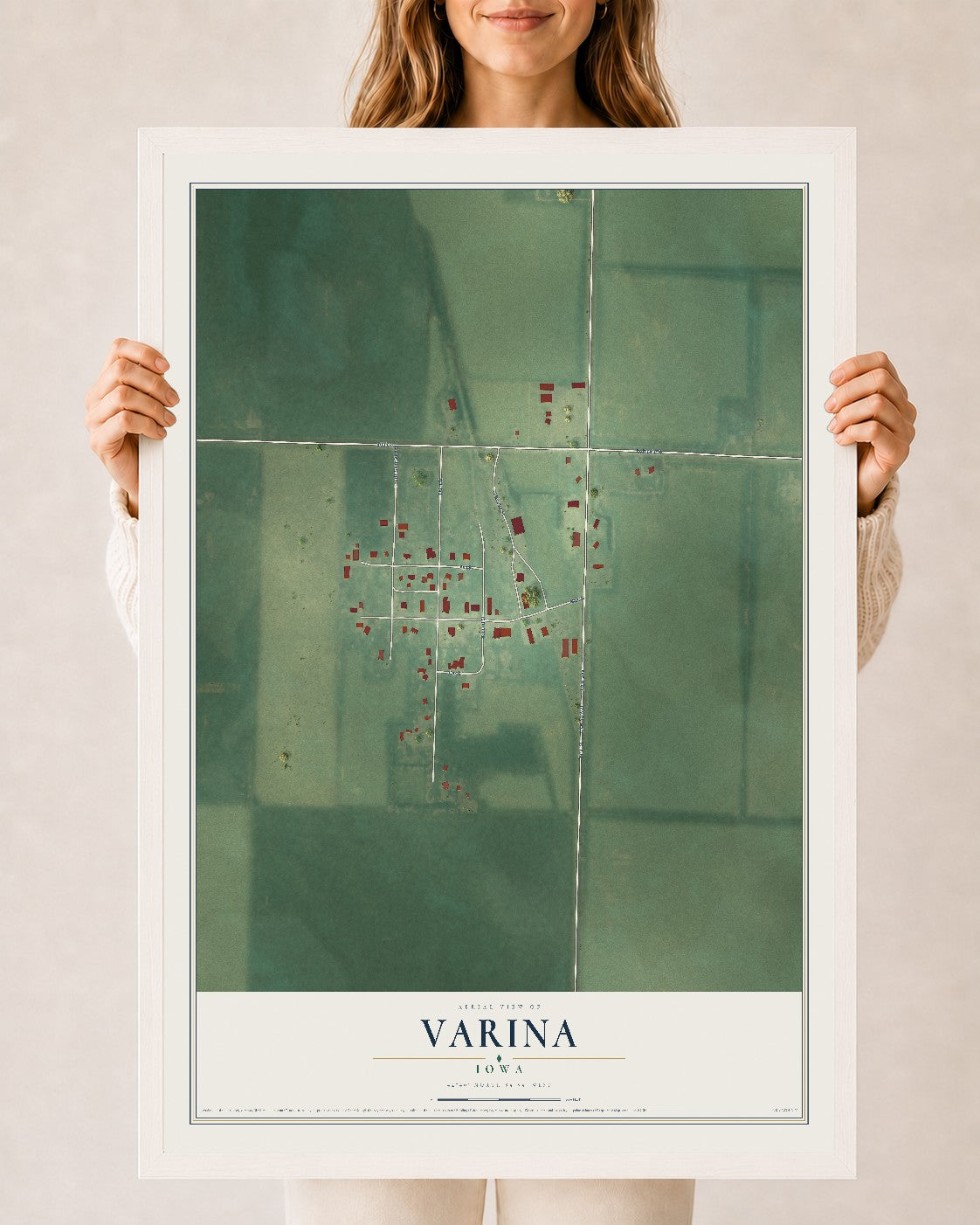 Map of Varina, Iowa, 24 x 36 inch print in a white wood frame