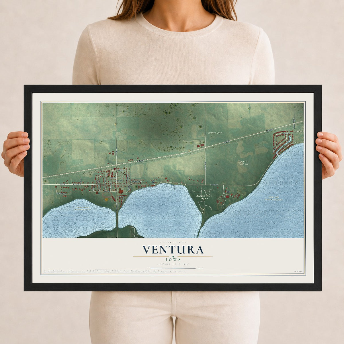Map of Ventura, Iowa, 12 x 18 inch print in a black wood frame
