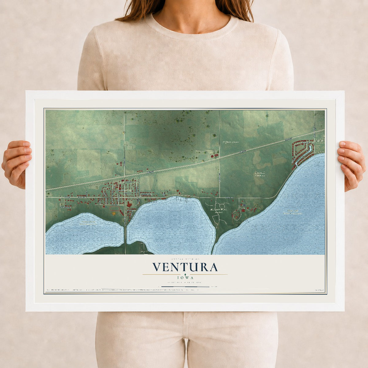 Map of Ventura, Iowa, 12 x 18 inch print in a white wood frame