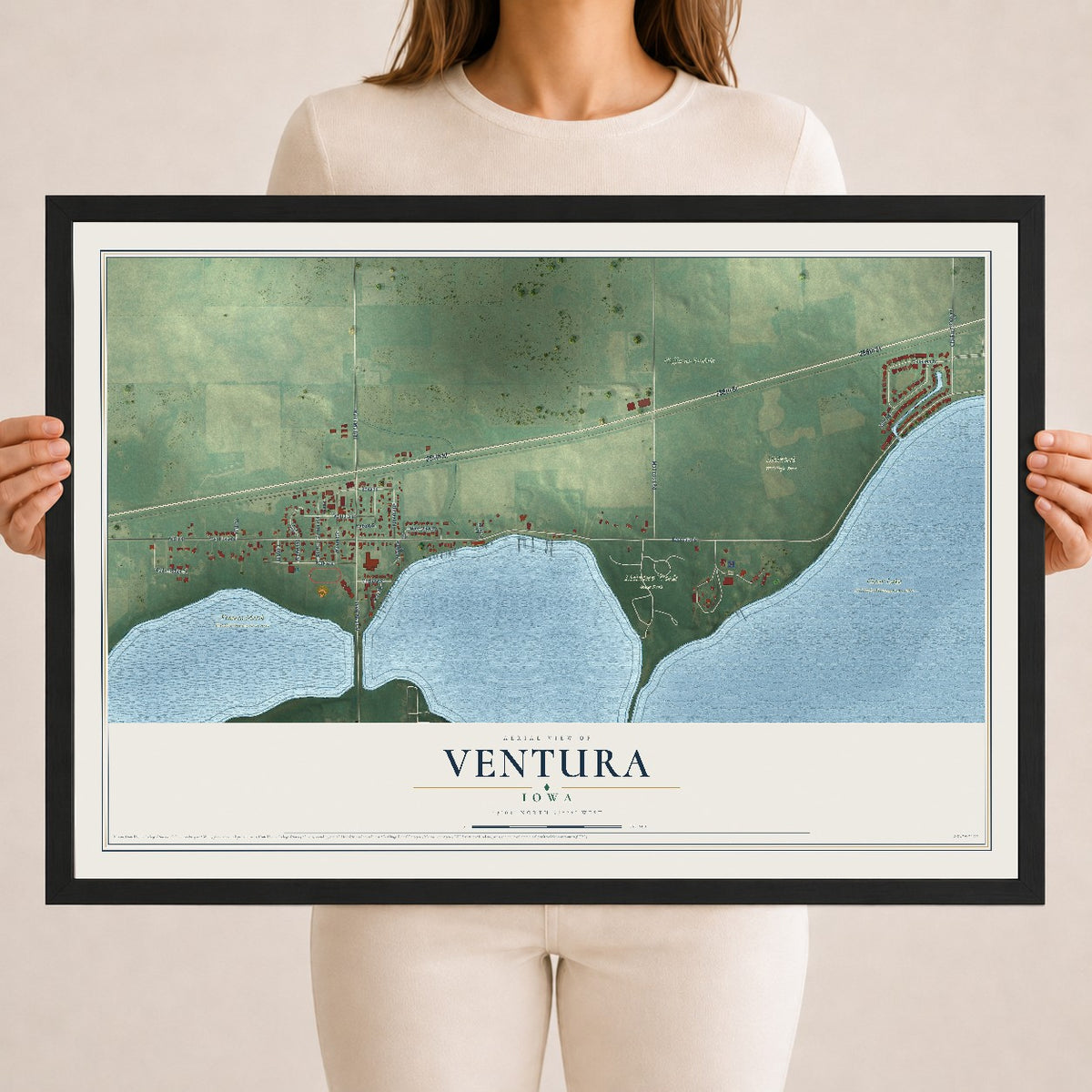 Map of Ventura, Iowa, 18 x 24 inch print in a black wood frame