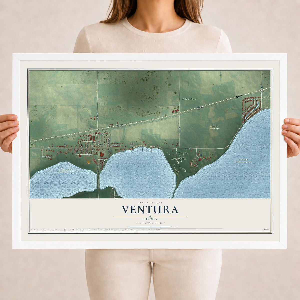 Map of Ventura, Iowa, 18 x 24 inch print in a white wood frame