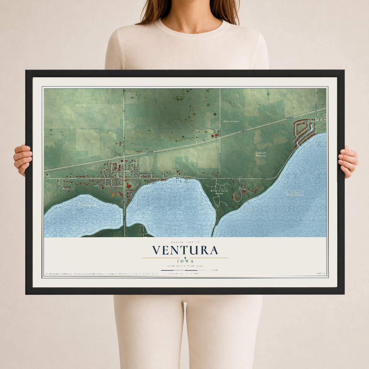 Map of Ventura, Iowa, 24 x 36 inch print in a black wood frame