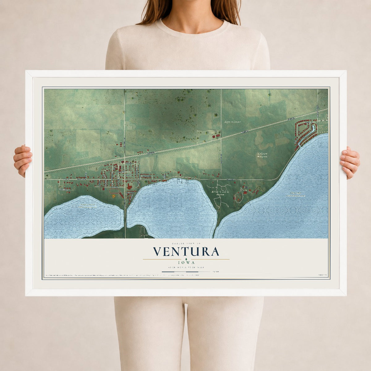 Map of Ventura, Iowa, 24 x 36 inch print in a white wood frame