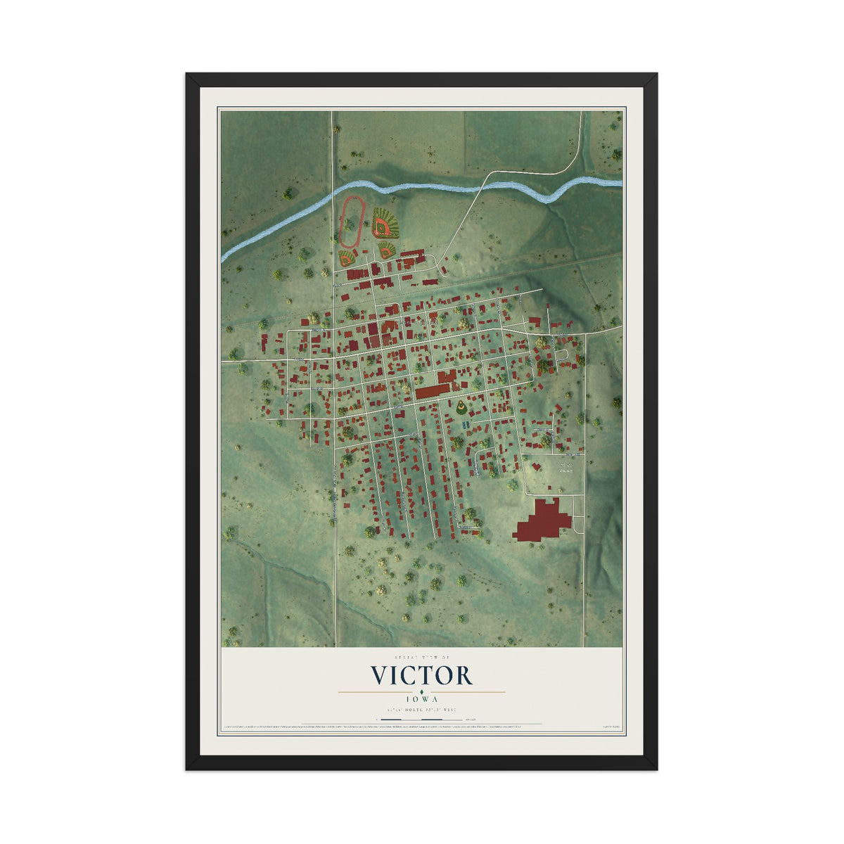 Map of Victor, Iowa, 12 x 18 inch print in a black wood frame