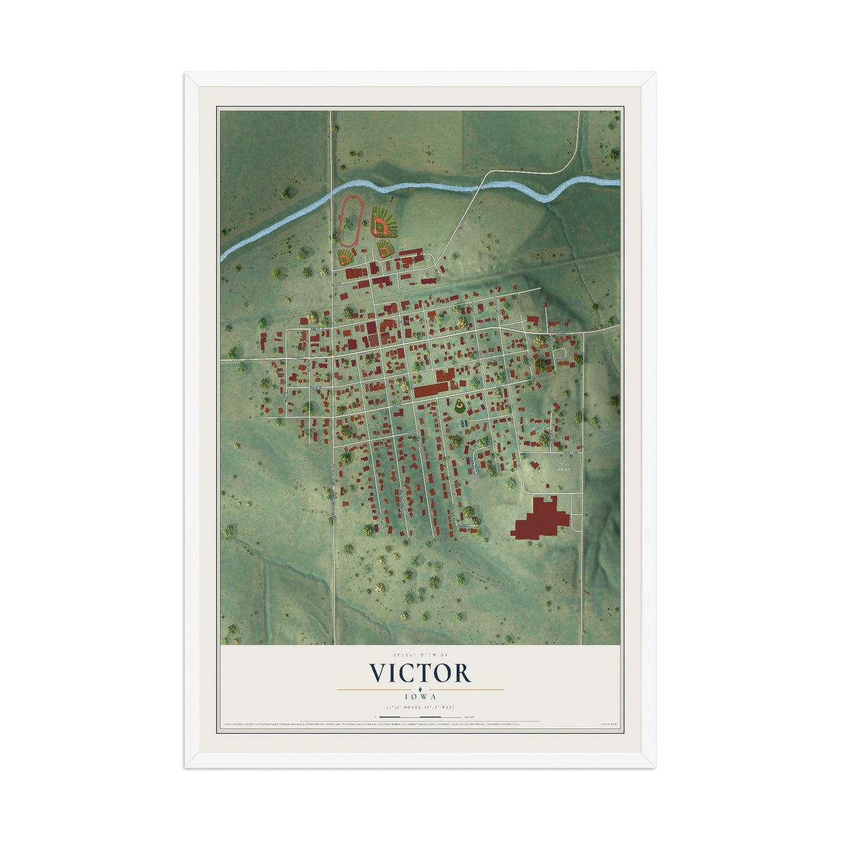Map of Victor, Iowa, 12 x 18 inch print in a white wood frame