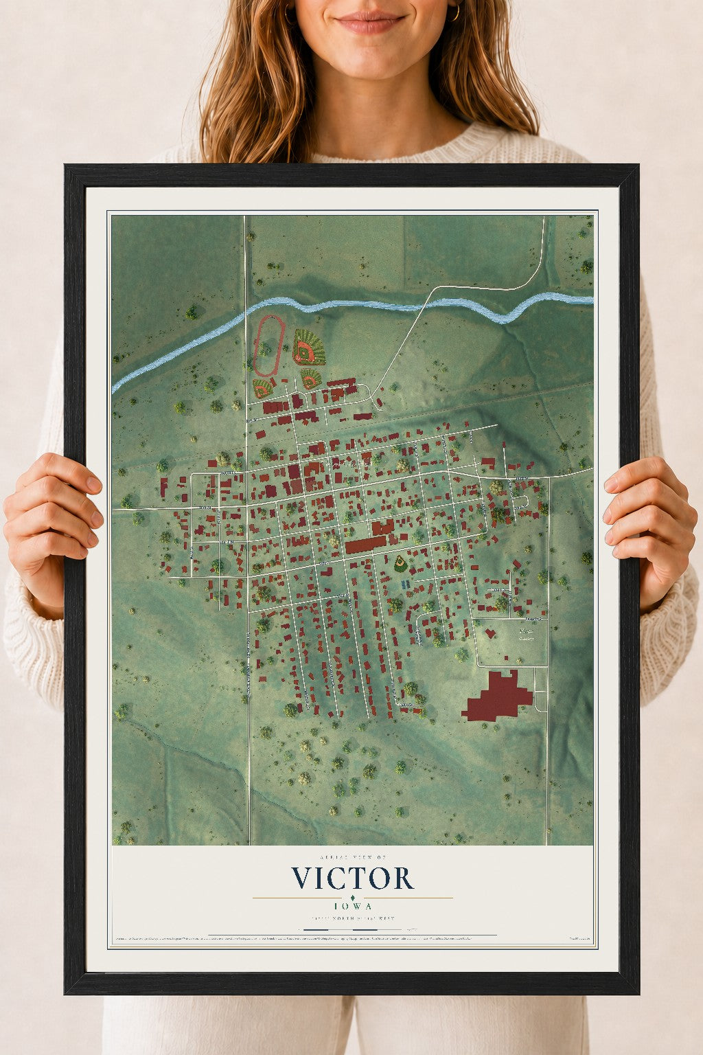 Map of Victor, Iowa, 18 x 24 inch print in a black wood frame
