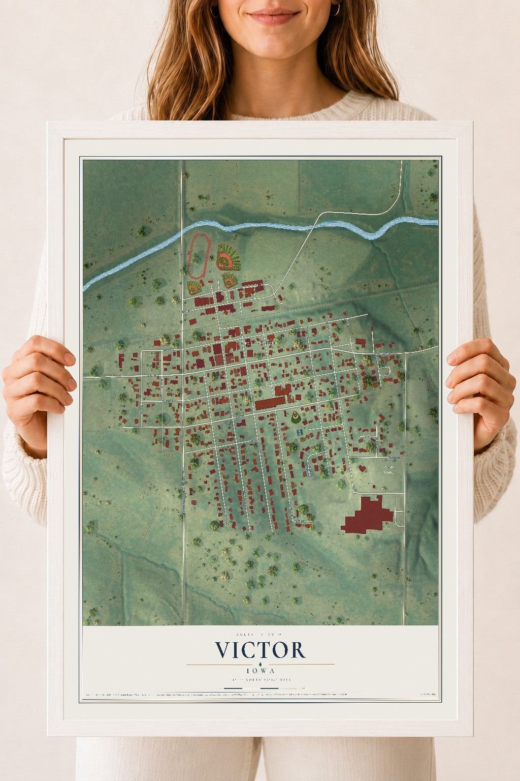 Map of Victor, Iowa, 18 x 24 inch print in a white wood frame