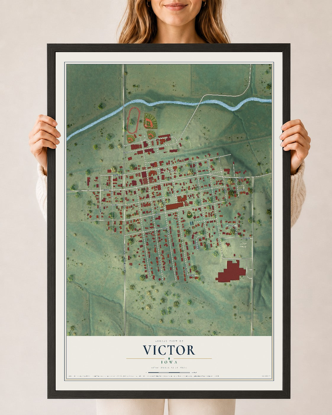 Map of Victor, Iowa, 24 x 36 inch print in a black wood frame