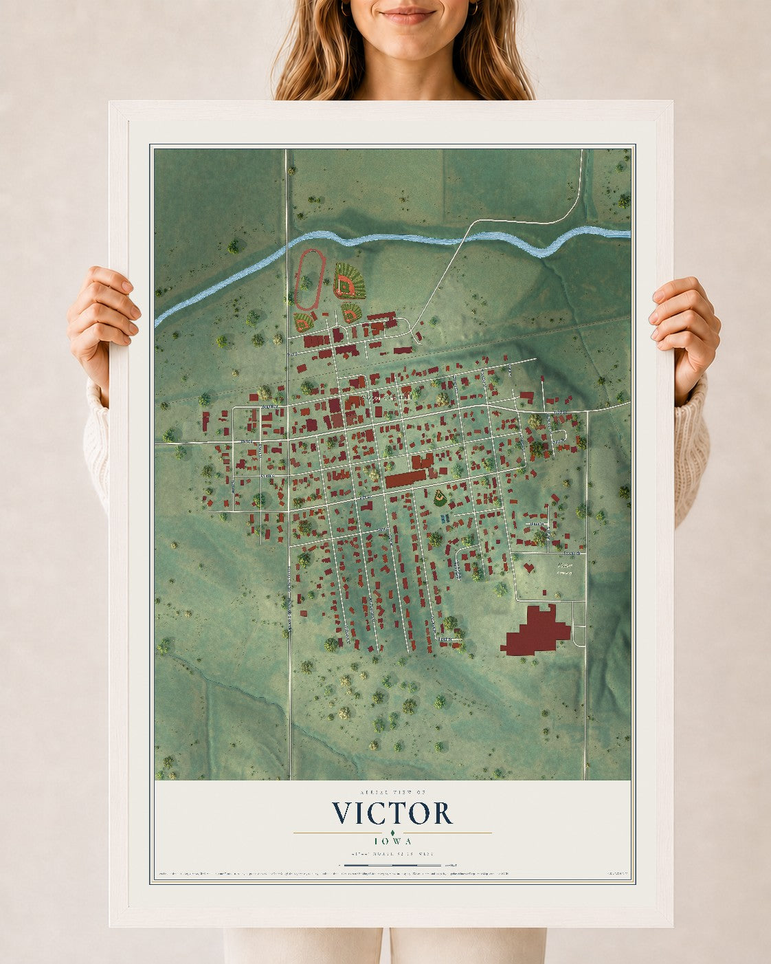Map of Victor, Iowa, 24 x 36 inch print in a white wood frame