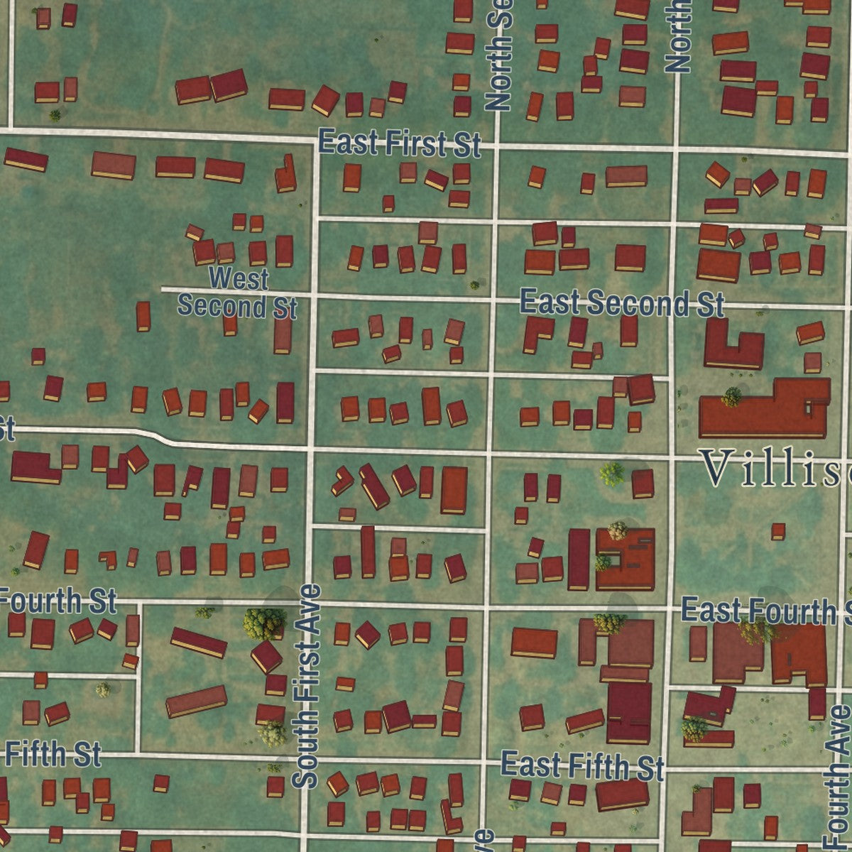 Close-up of the map of Villisca, Iowa print showing street and building detail