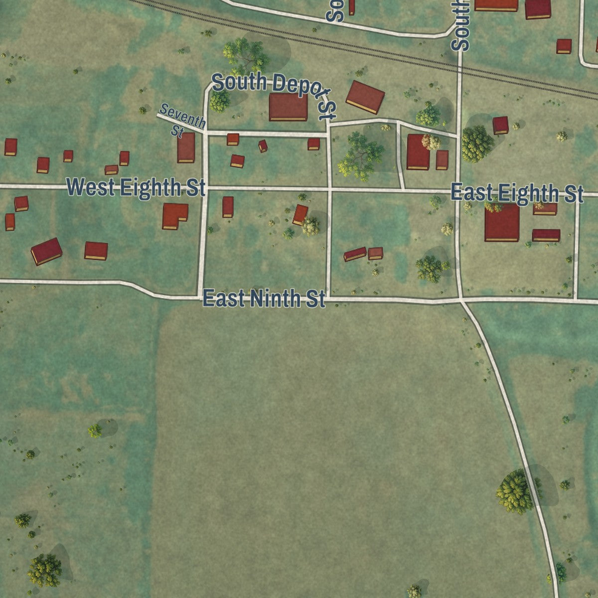 Second close-up of the map of Villisca, Iowa print showing more streets and buildings