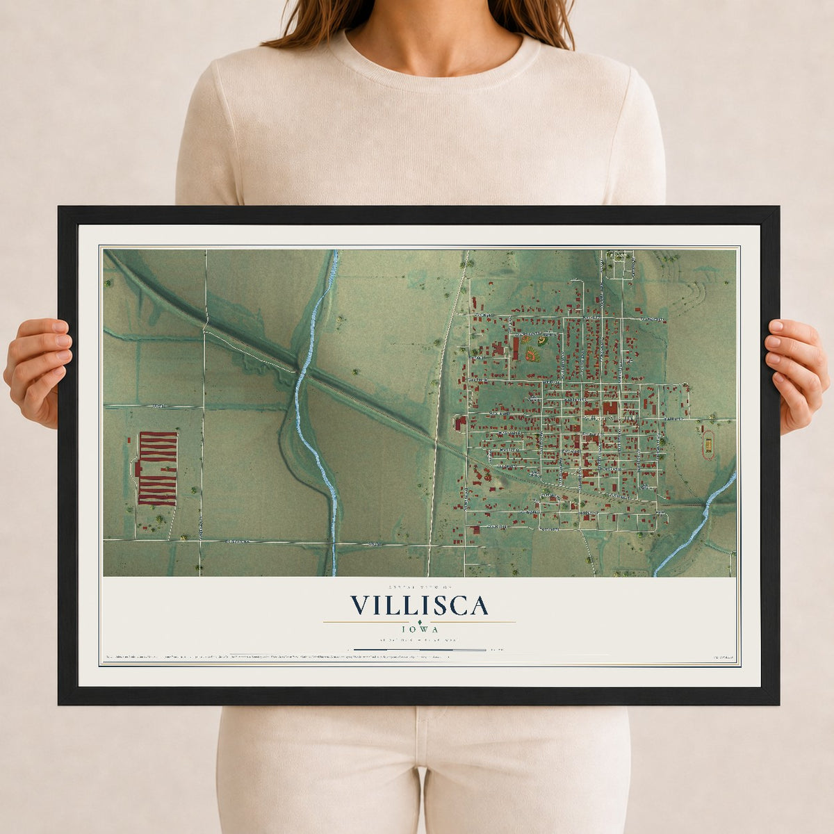 Map of Villisca, Iowa, 12 x 18 inch print in a black wood frame