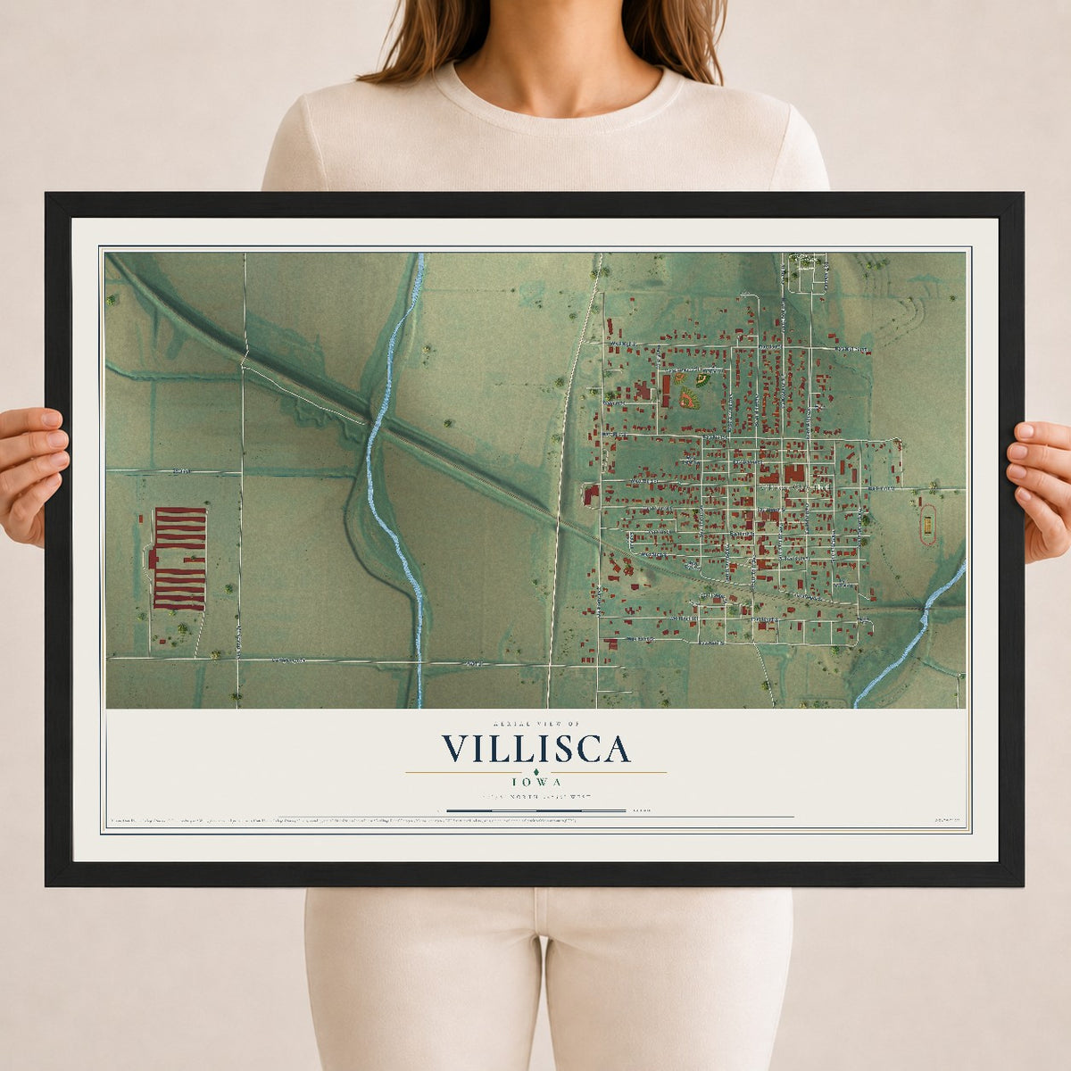 Map of Villisca, Iowa, 18 x 24 inch print in a black wood frame