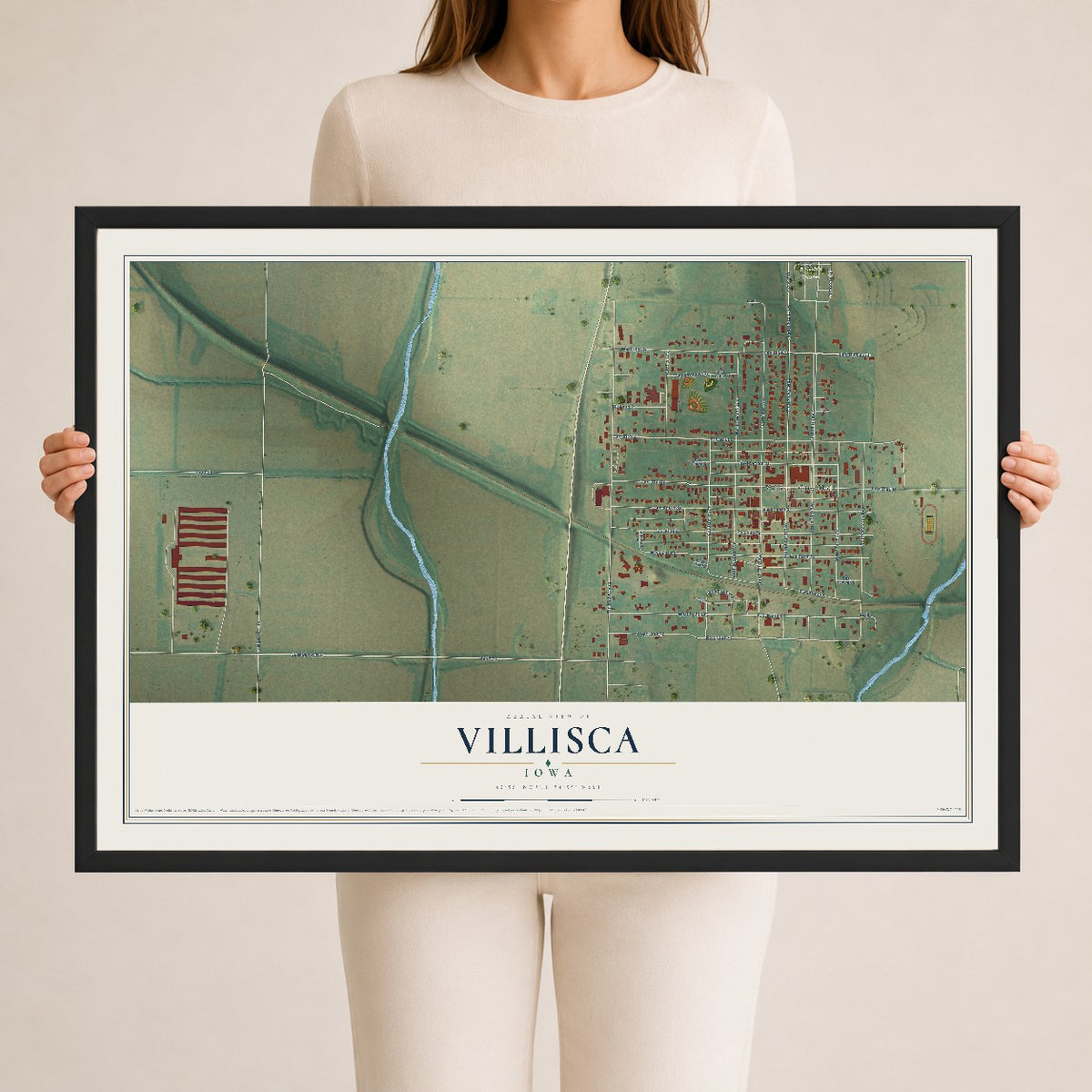 Map of Villisca, Iowa, 24 x 36 inch print in a black wood frame