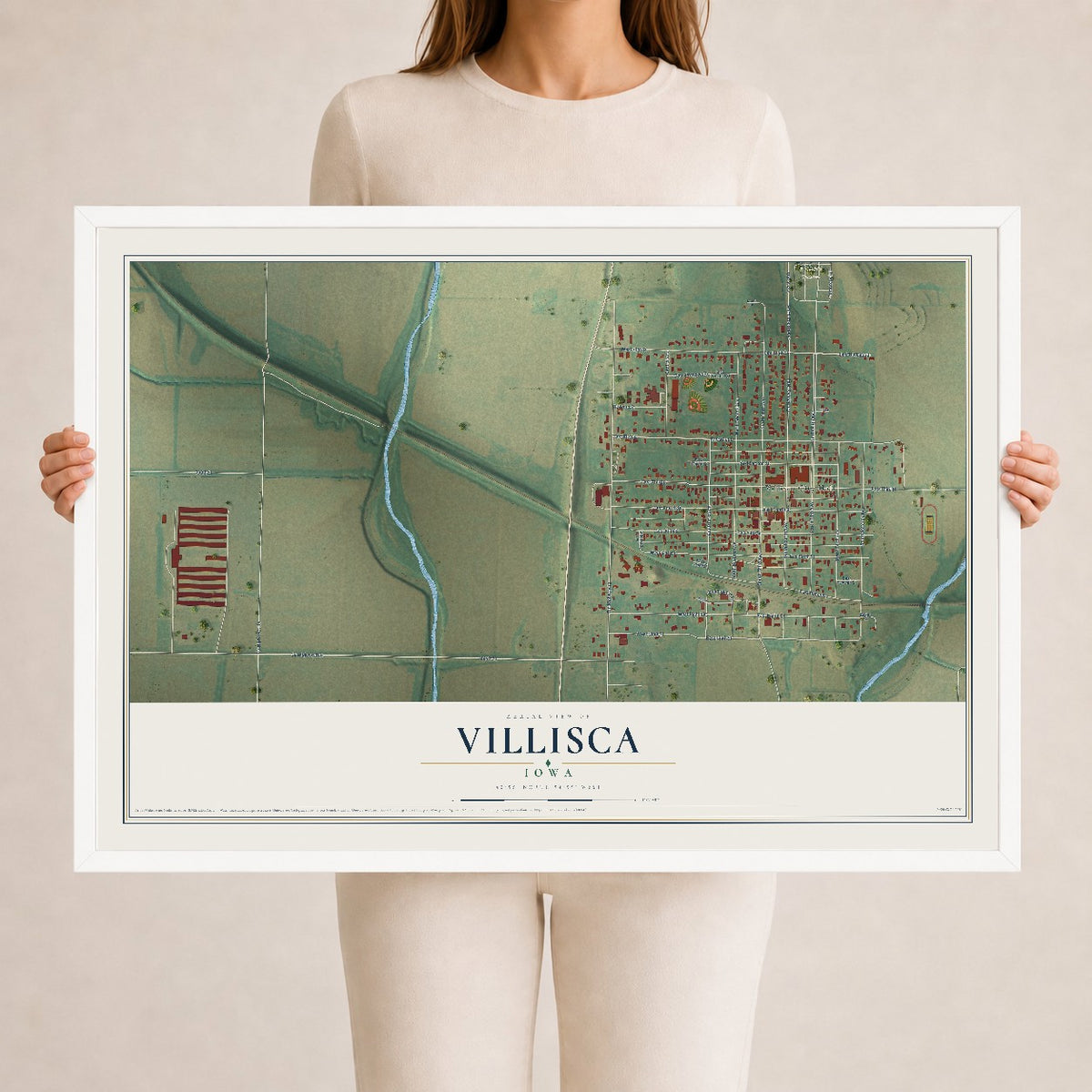 Map of Villisca, Iowa, 24 x 36 inch print in a white wood frame