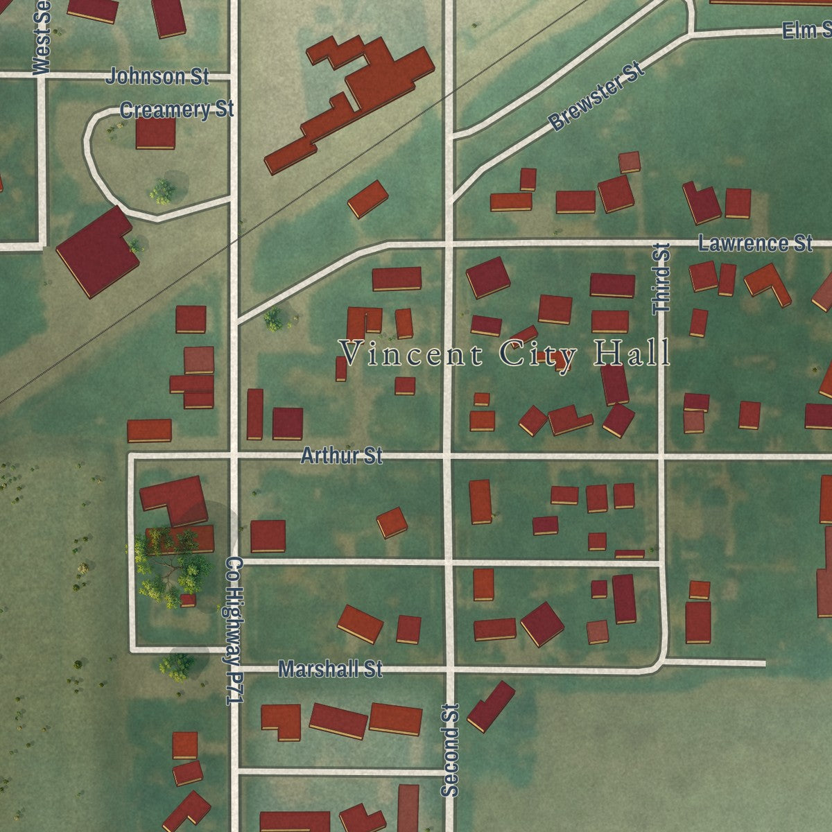 Close-up of the map of Vincent, Iowa print showing street and building detail