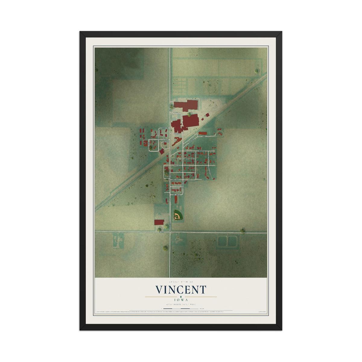 Map of Vincent, Iowa, 12 x 18 inch print in a black wood frame