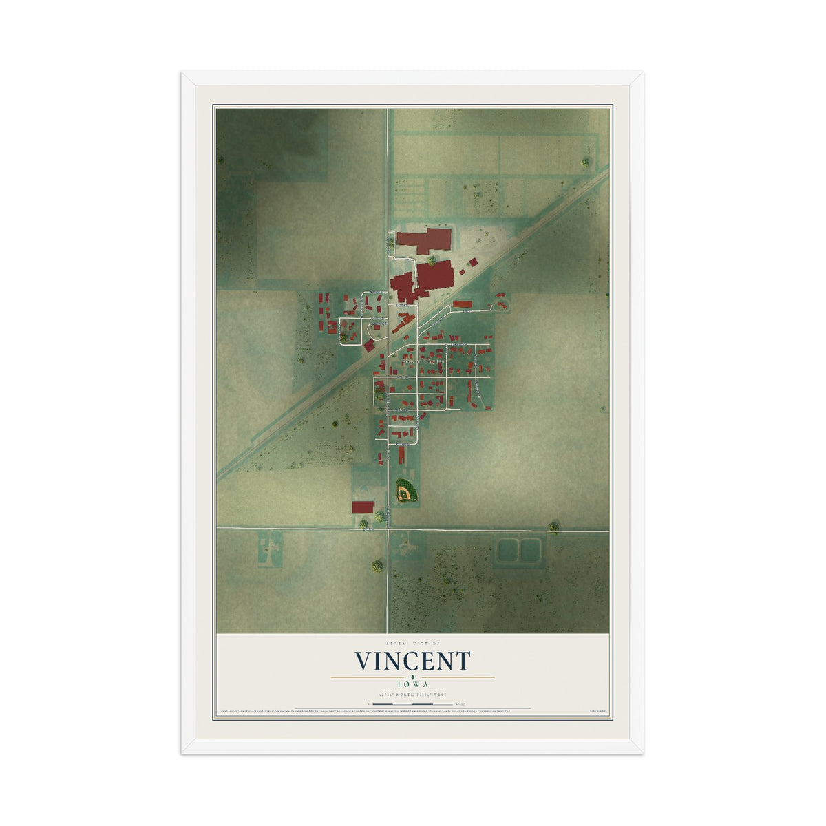 Map of Vincent, Iowa, 12 x 18 inch print in a white wood frame