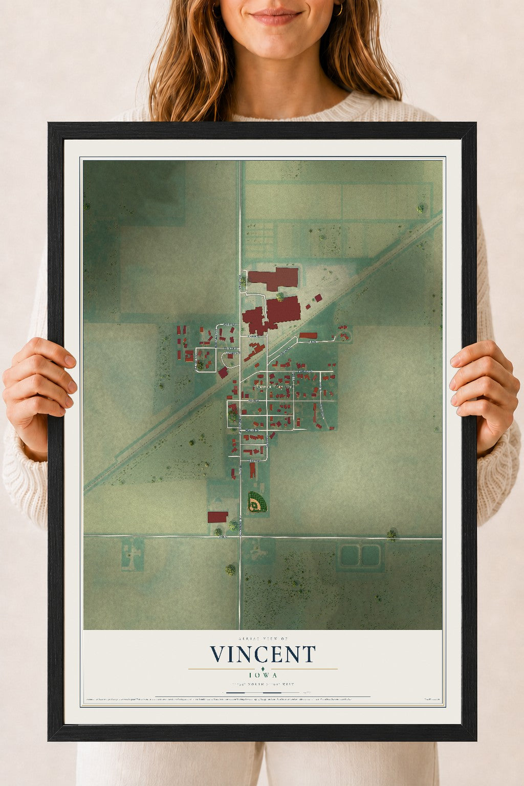 Map of Vincent, Iowa, 18 x 24 inch print in a black wood frame