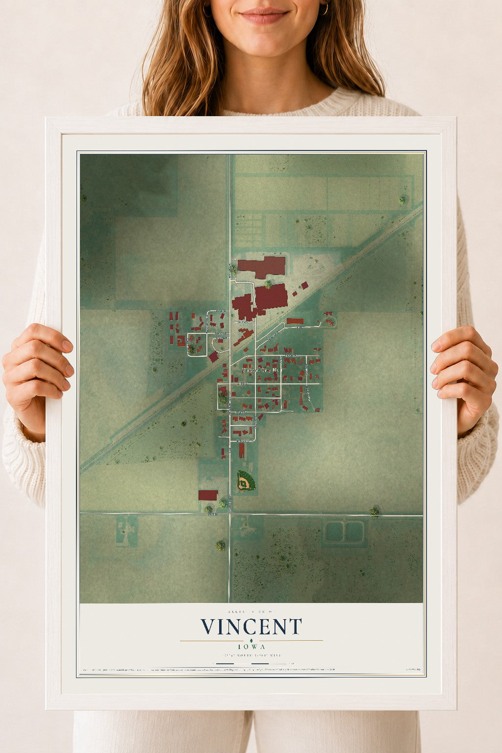 Map of Vincent, Iowa, 18 x 24 inch print in a white wood frame