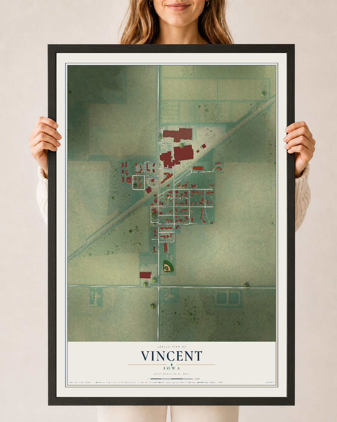Map of Vincent, Iowa, 24 x 36 inch print in a black wood frame