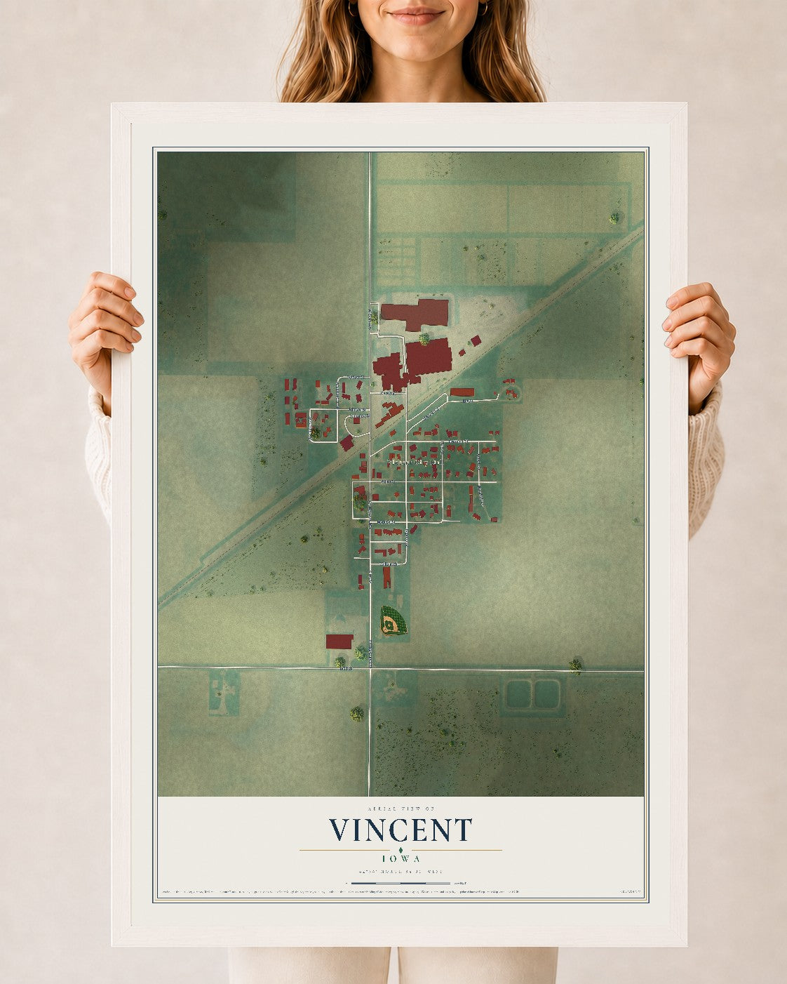 Map of Vincent, Iowa, 24 x 36 inch print in a white wood frame