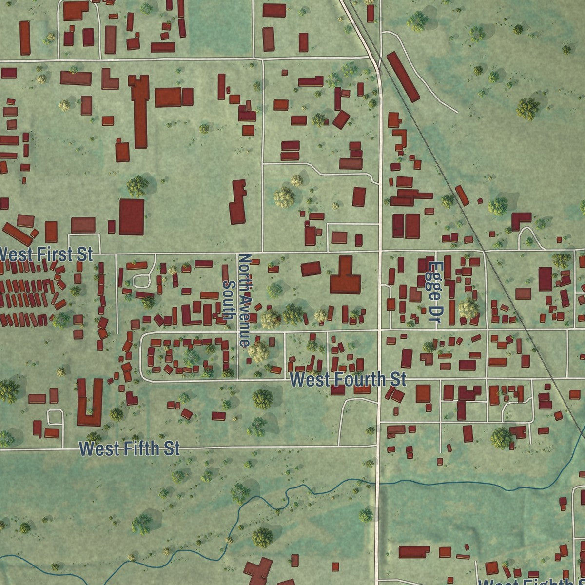 Second close-up of the map of Vinton, Iowa print showing more streets and buildings