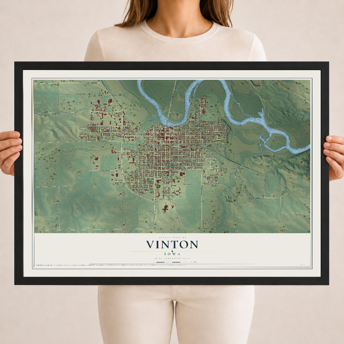 Map of Vinton, Iowa, 18 x 24 inch print in a black wood frame