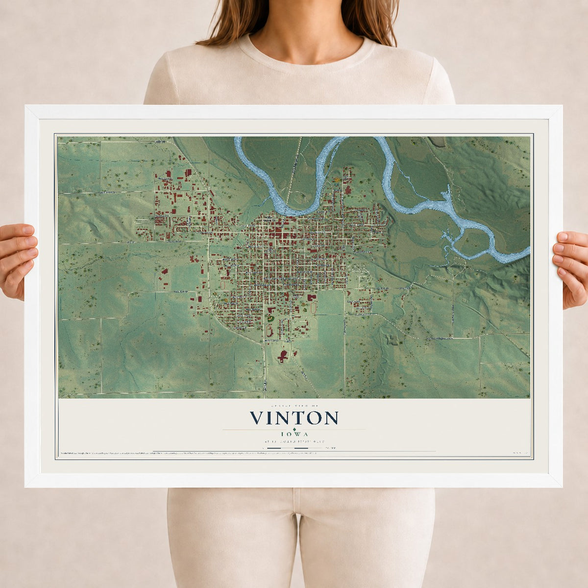 Map of Vinton, Iowa, 18 x 24 inch print in a white wood frame