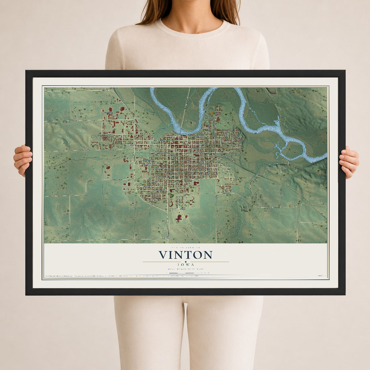 Map of Vinton, Iowa, 24 x 36 inch print in a black wood frame