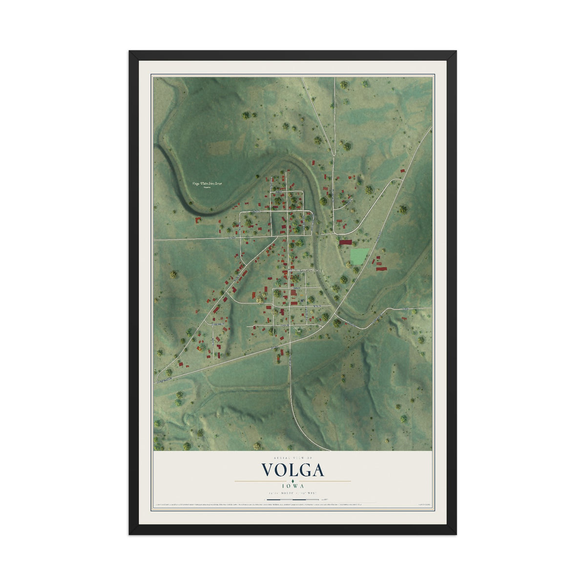 Map of Volga, Iowa, 12 x 18 inch print in a black wood frame