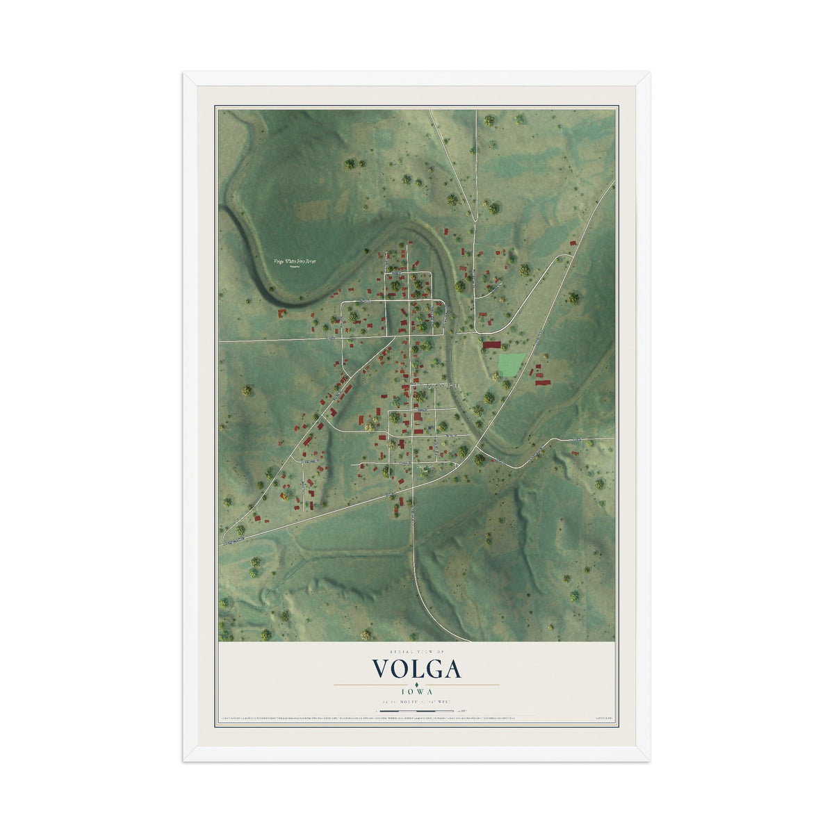 Map of Volga, Iowa, 12 x 18 inch print in a white wood frame