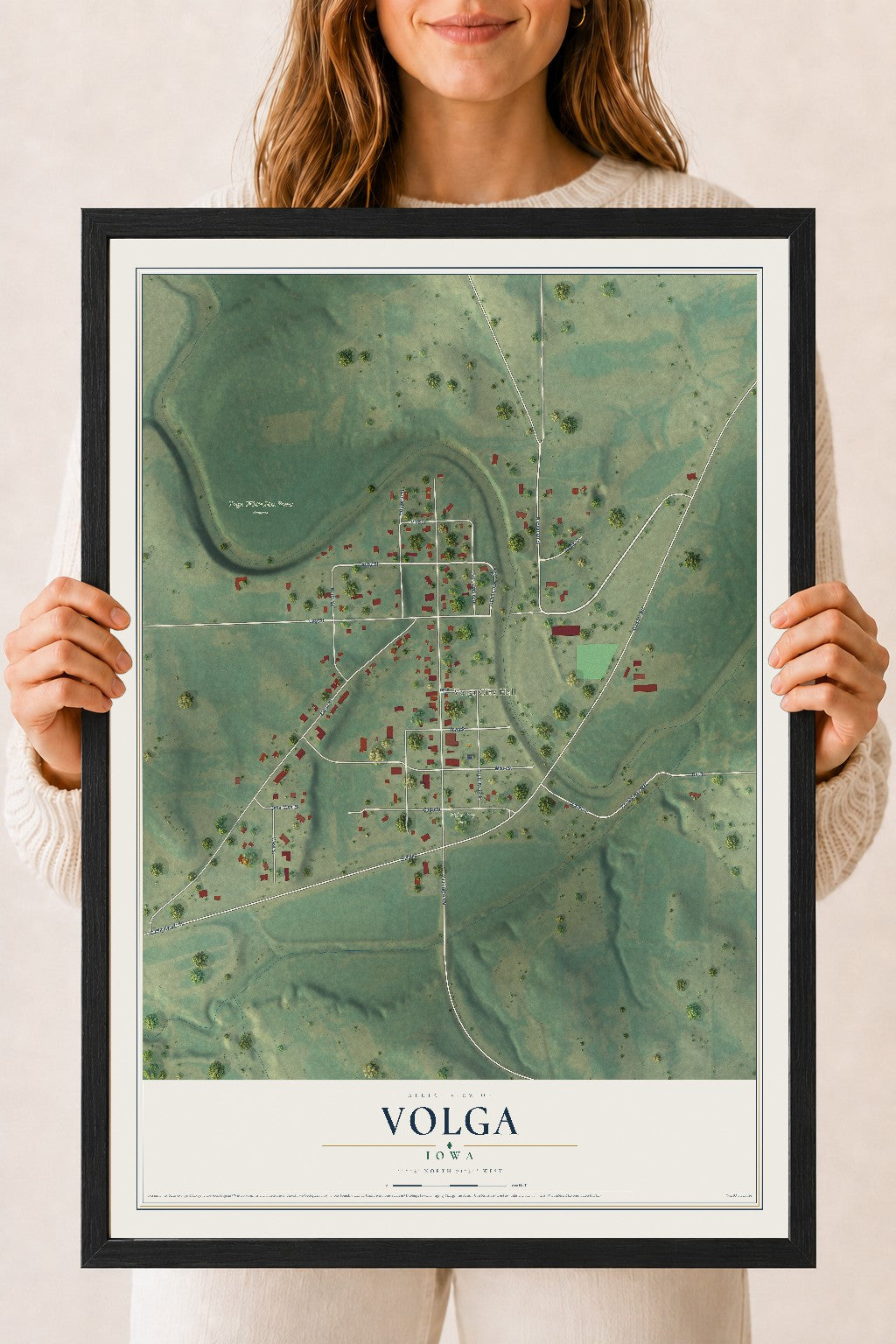 Map of Volga, Iowa, 18 x 24 inch print in a black wood frame