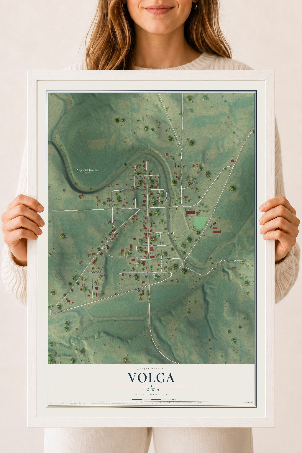 Map of Volga, Iowa, 18 x 24 inch print in a white wood frame
