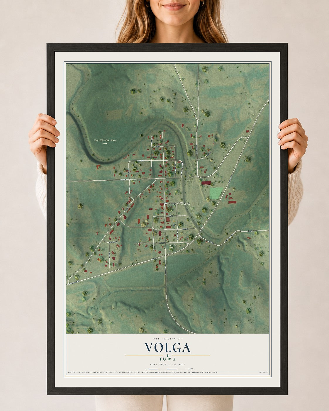 Map of Volga, Iowa, 24 x 36 inch print in a black wood frame