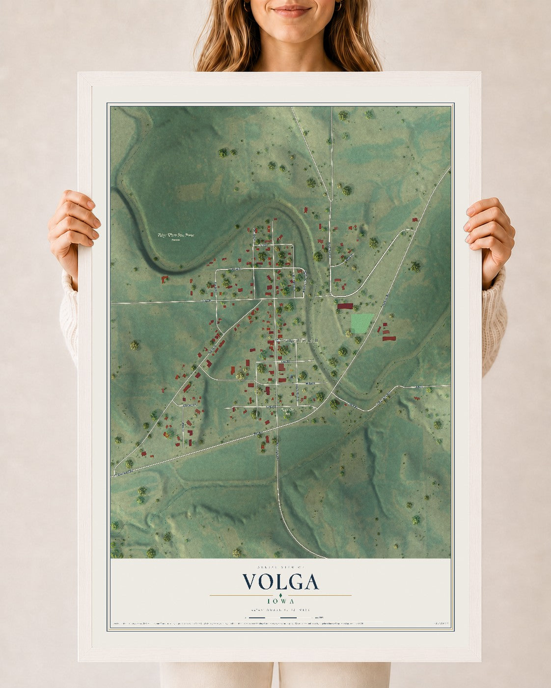 Map of Volga, Iowa, 24 x 36 inch print in a white wood frame